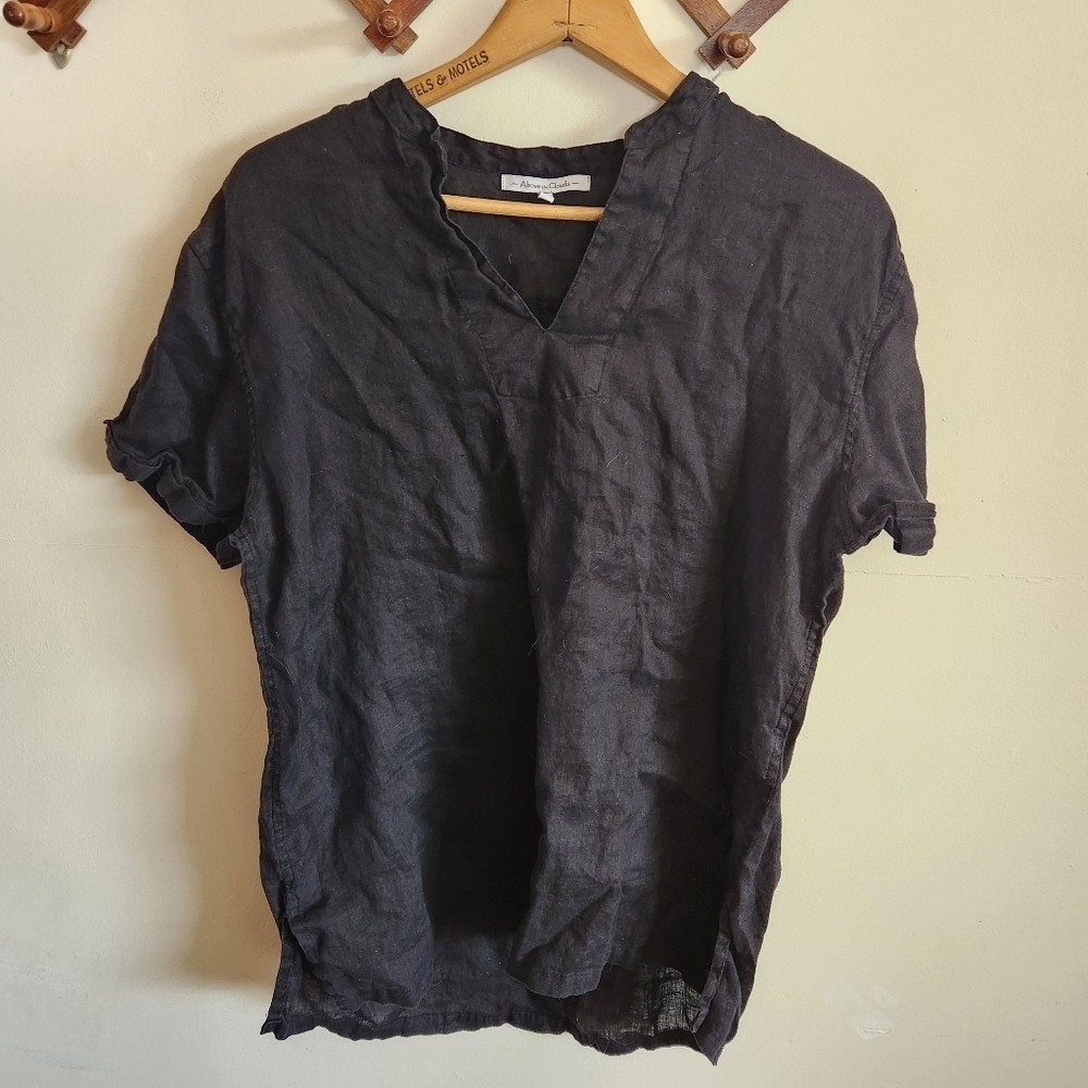 Above the Clouds Linen Short Sleeve Shirt Blouse Black Large L